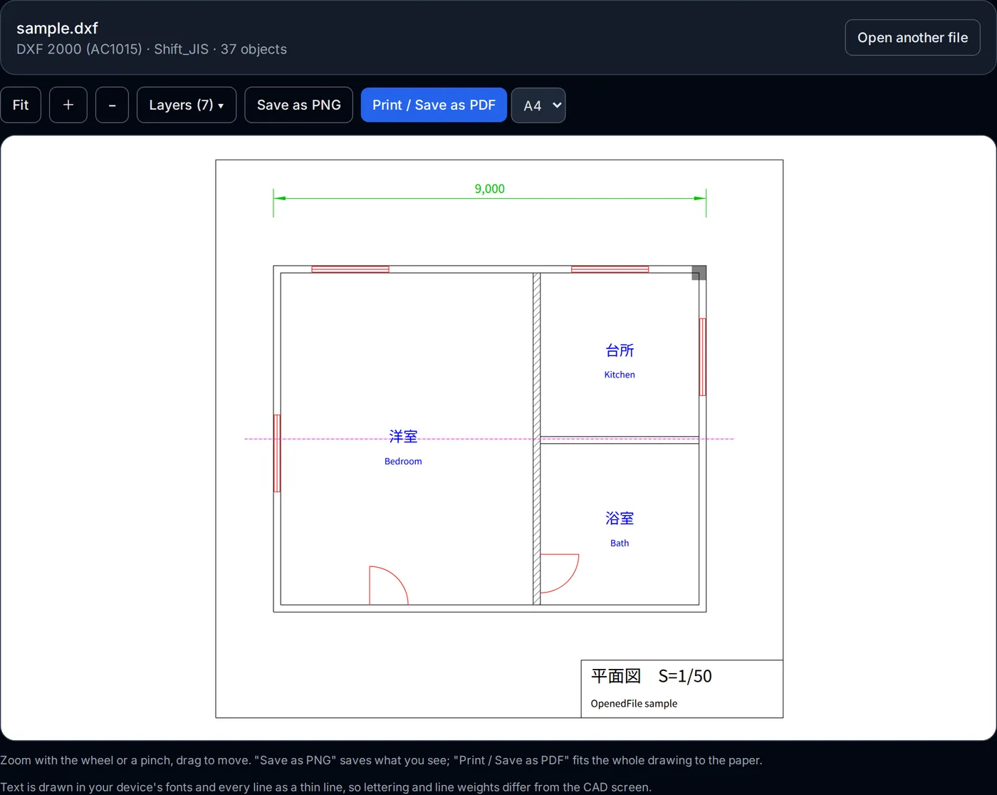 The DXF viewer showing a floor plan with room names, windows, doors and a dimension, with the layer and print buttons above it.