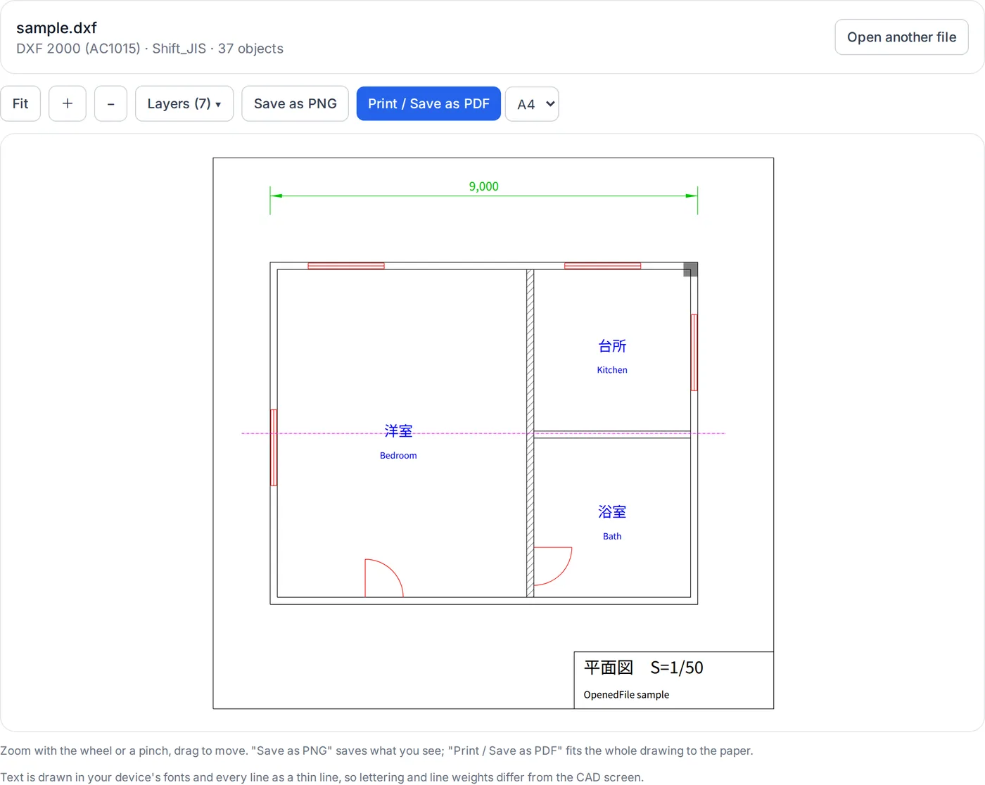 The DXF viewer showing a floor plan with room names, windows, doors and a dimension, with the layer and print buttons above it.