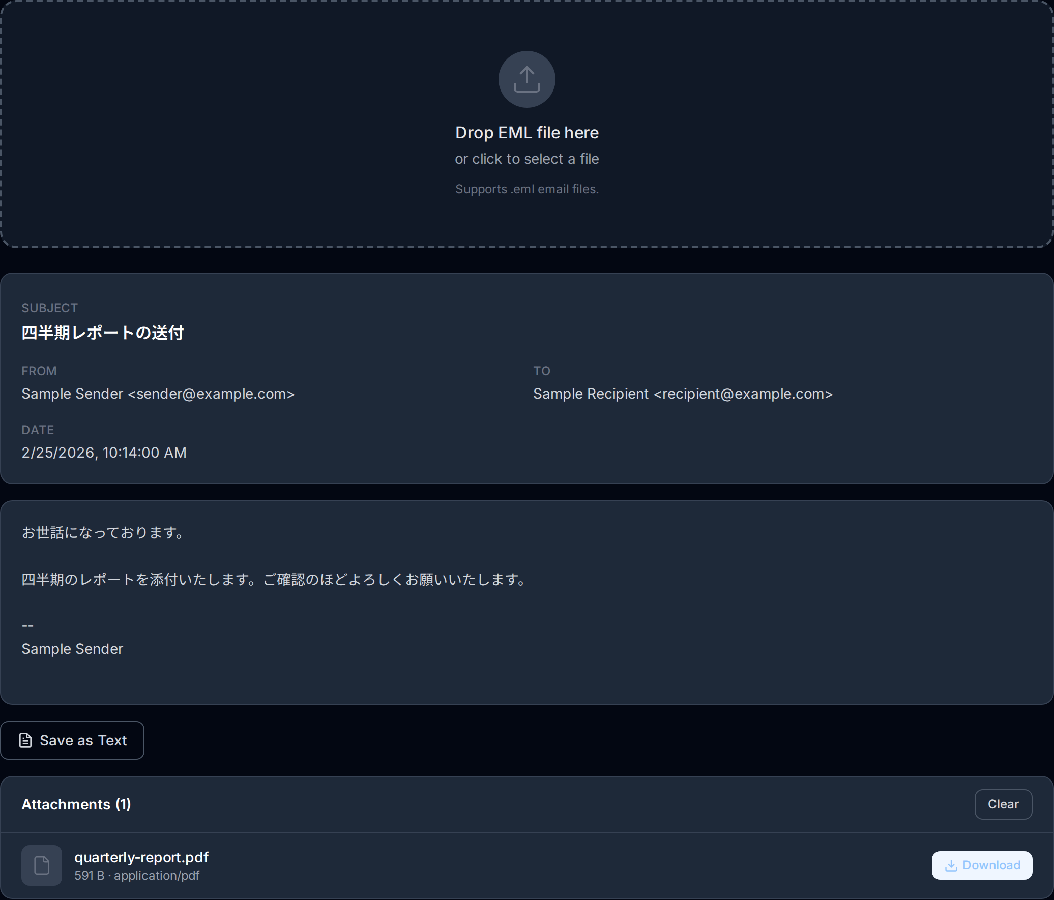Screenshot of the EML viewer showing a parsed email with headers, body and a downloadable attachment.