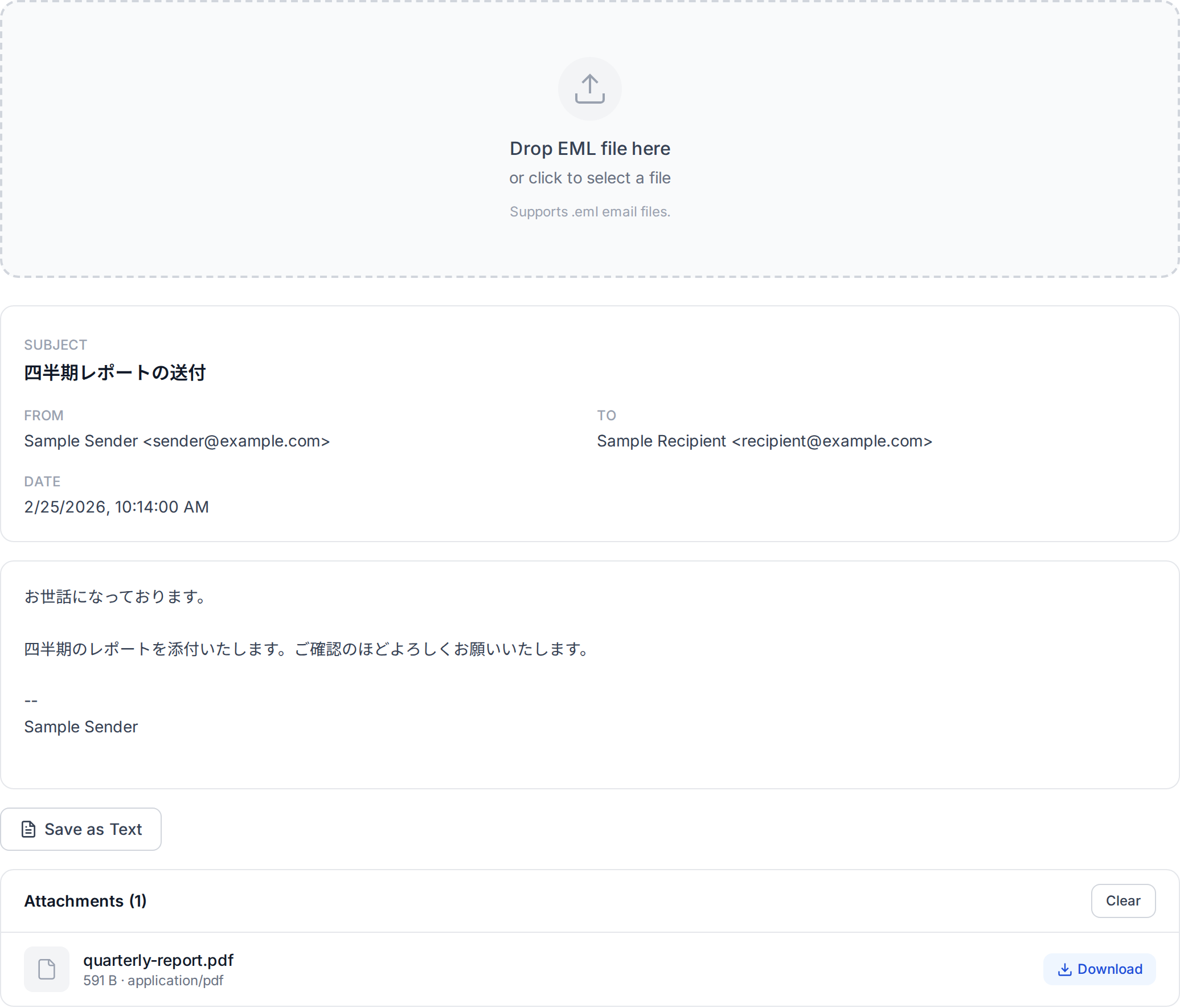 Screenshot of the EML viewer showing a parsed email with headers, body and a downloadable attachment.