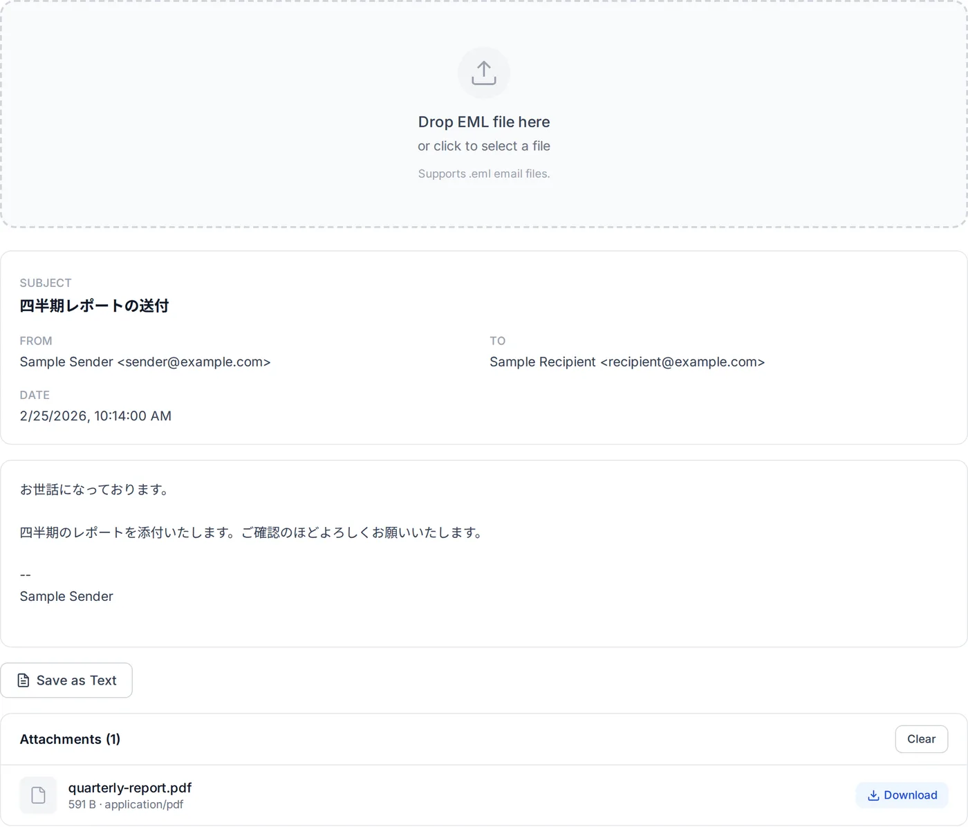 The EML viewer after a .eml file is dropped: sender, recipient, subject and date headers above the message body, with the attachments listed below.