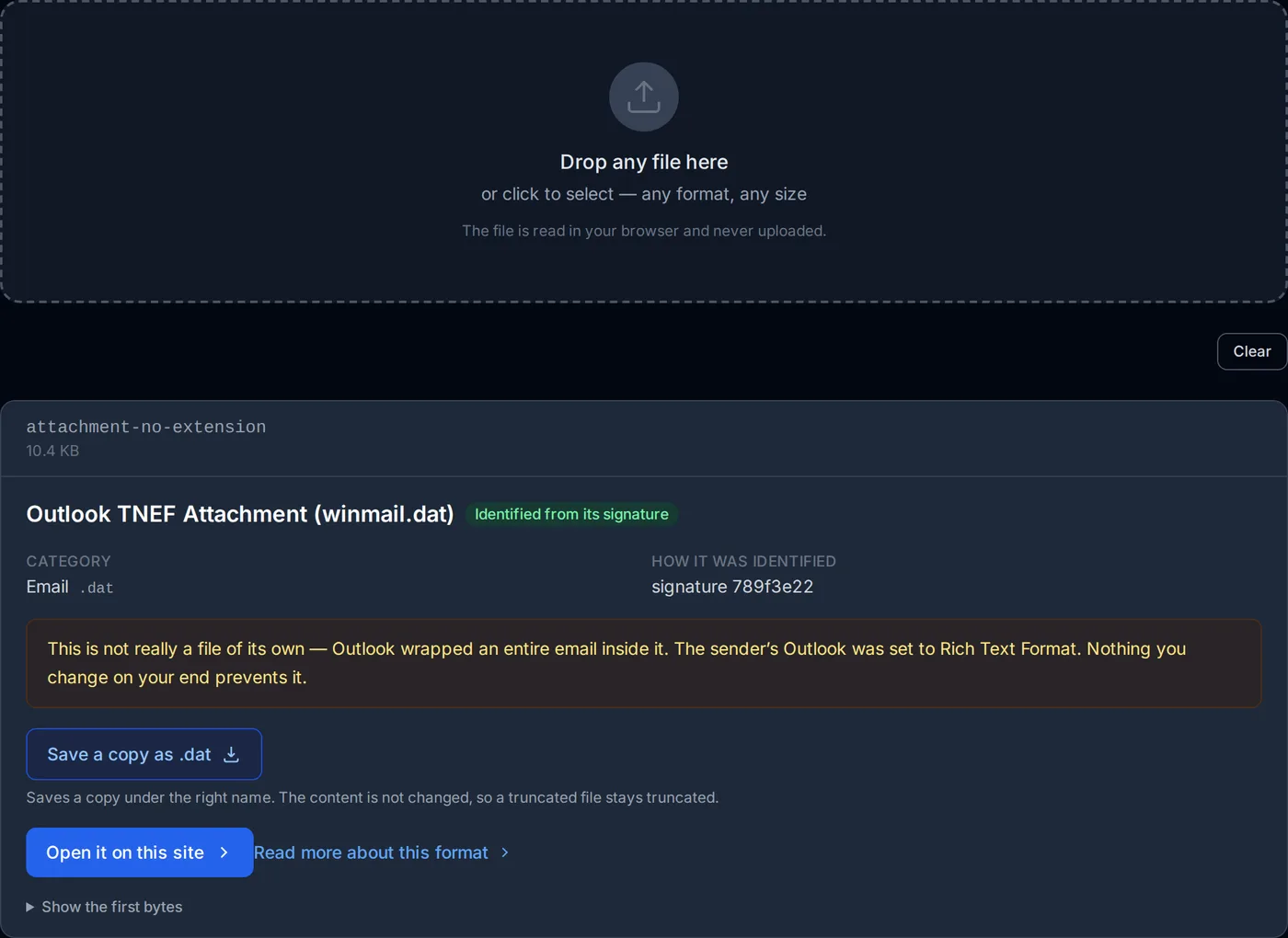 The file identifier after a file with no extension is dropped: the detected format, the evidence for it, and a button through to the tool that opens it.