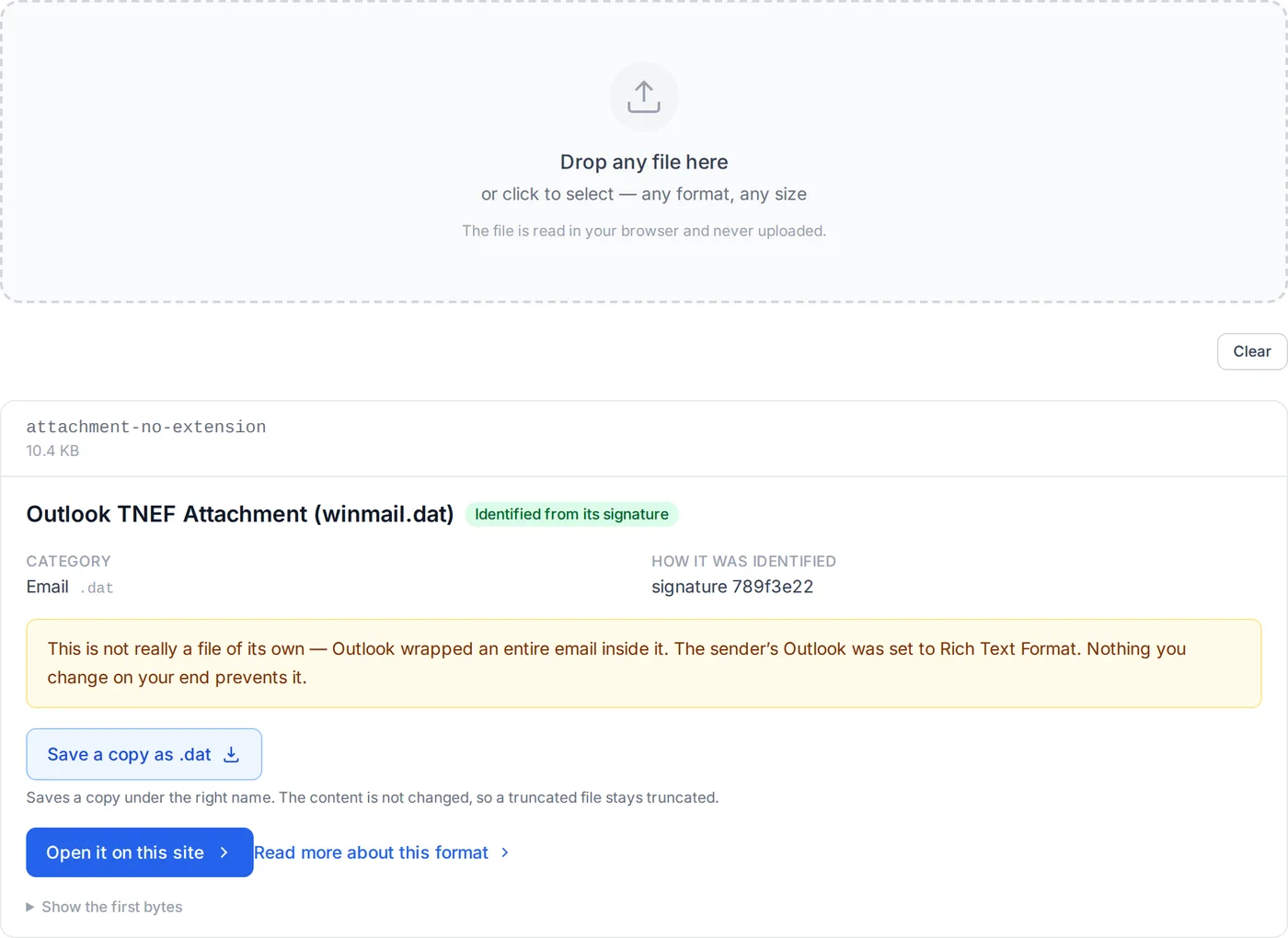 The file identifier after a file with no extension is dropped: the detected format, the evidence for it, and a button through to the tool that opens it.