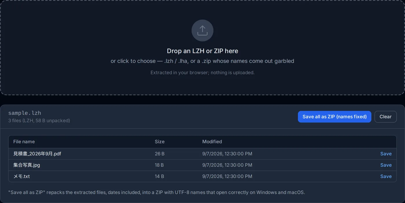 The LZH extractor after an archive is dropped: the Japanese file names are listed correctly, with sizes, dates and save buttons.